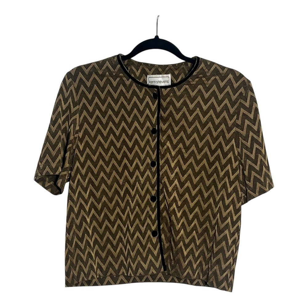 Karin Stevens Women's Black Gold Zig Zag Short Sleeve‎ Button Up Top Size 14